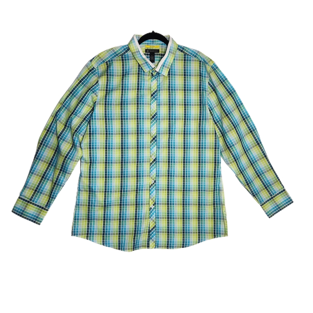 INC International Concepts Button Up Shirt Green Blue and White